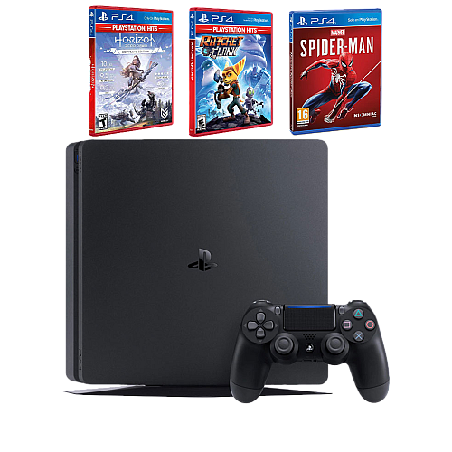 Consola Sony Playstation 4 Slim, 500gb, Jet Black + Horizon Zero Dawn + Spider Man + Ratchet & Clank