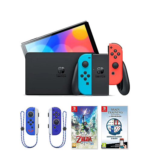Consola Nintendo Switch Oled Red /albastru + Brain Training + Zelda Skyward Sword + Joy-con Zelda Ss