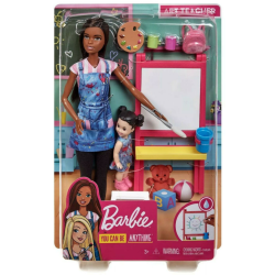Doll Barbie Dark Skin Art Teacher & Brunette Kid Gjm30