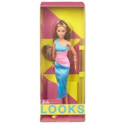 Doll Barbie Signature Looks Short Brunette Ponytail Turquoise/pink Dress (hjw82)