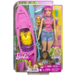 Doll Barbie Pink Hair Camping With Pet Puppy Kayak (hdf75)