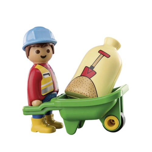 Playmobil R 1.2.3 Construction Worker With Wheelbarrow 70409
