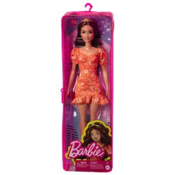 Doll Barbie Fashionistas Wavy Brunette Hair Headband Orange Floral Dress (hbv16)