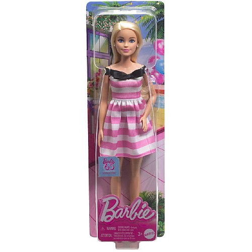 Doll Barbie 65th Anniversary Blonde Doll With Pink Striped Dress (hth66)