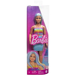 Barbie Doll Fashionistas #218 Long Blue Hair Curvy With Rainbow Top Teal Skirt (hrh16)
