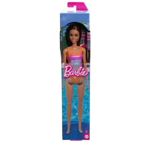 Barbie Beach Light Brown Hair Doll Wearing Tropical Pink And Orange Swimsuit (hpv21)