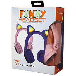 Techmade Headphones Funny Led Bt + Microphone Pink